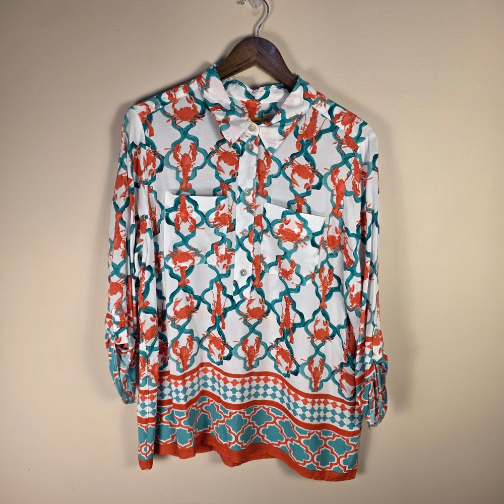 Ruby Rd Blouse Women Large White Lobster Crab Print Roll Tab Sleeve Rayon 51442